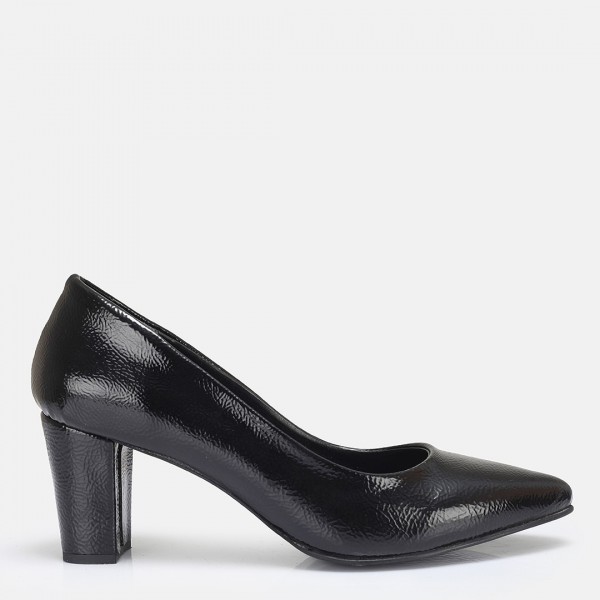 Stiletto Siyah Rugan Kalın Topuk