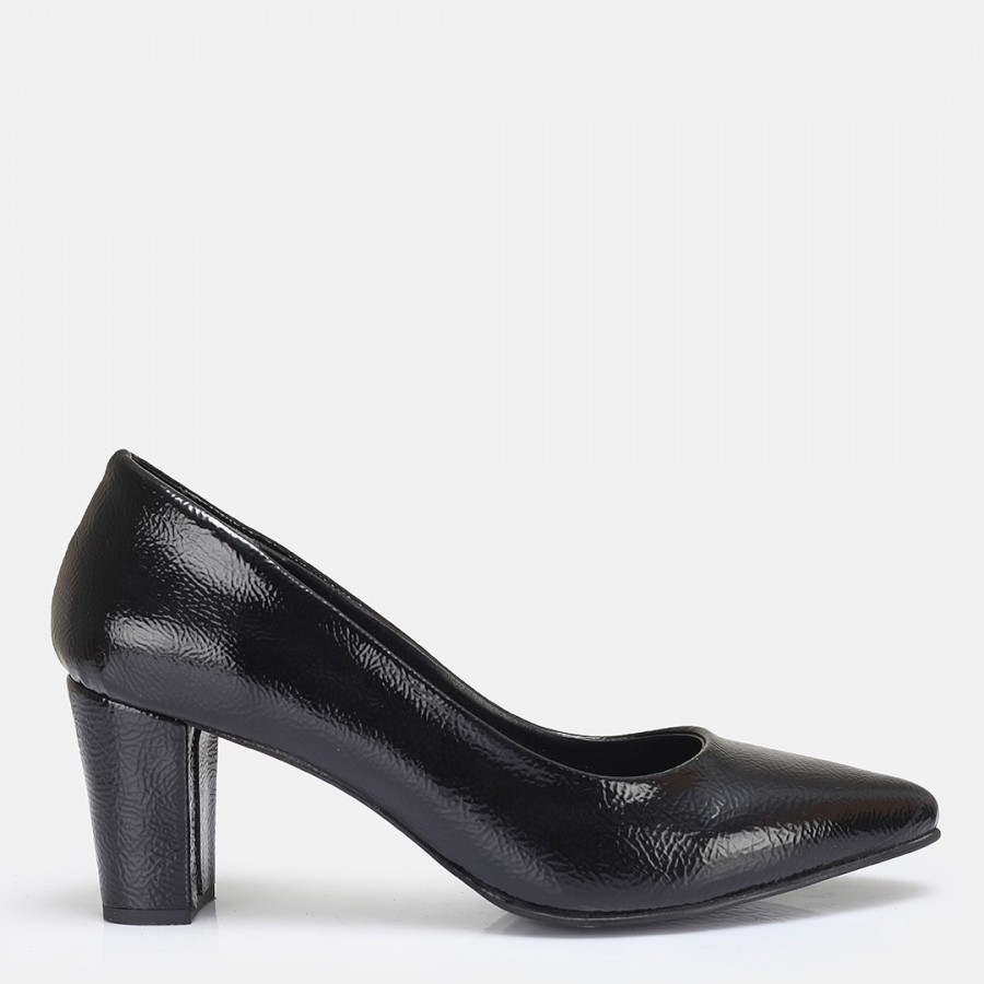 Stiletto Siyah Rugan Kalın Topuk