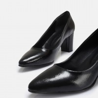 Stiletto Siyah Rugan Kalın Topuk