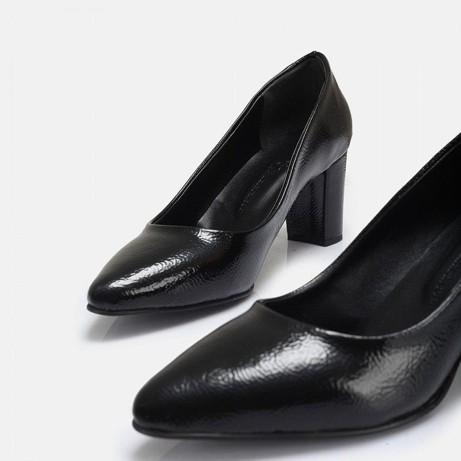 Stiletto Siyah Rugan Kalın Topuk