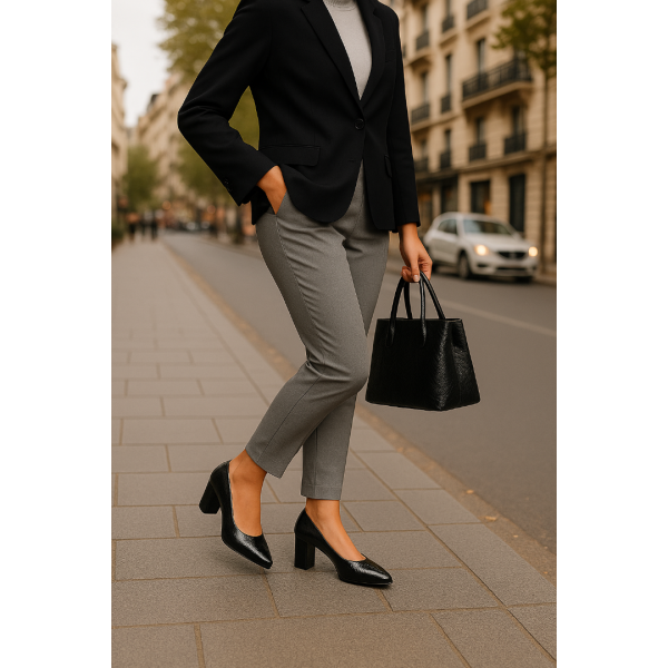 Stiletto Siyah Rugan Kalın Topuk