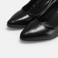 Stiletto Siyah Rugan Kalın Topuk