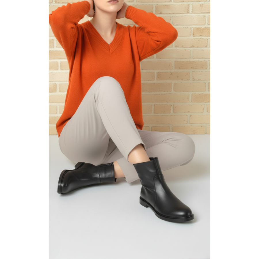 Düz Bot Siyah Hakiki Deri Model
