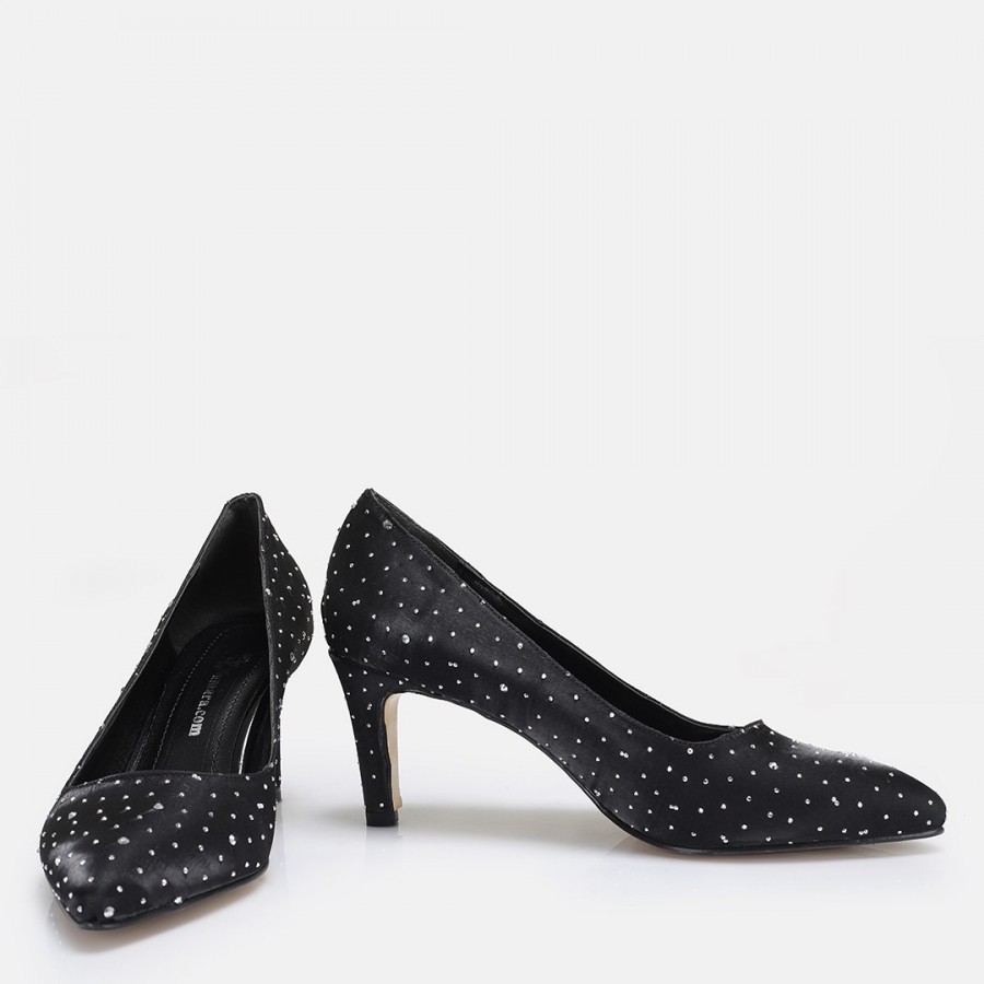 Stiletto Ayakkabı Siyah Saten Taşlı
