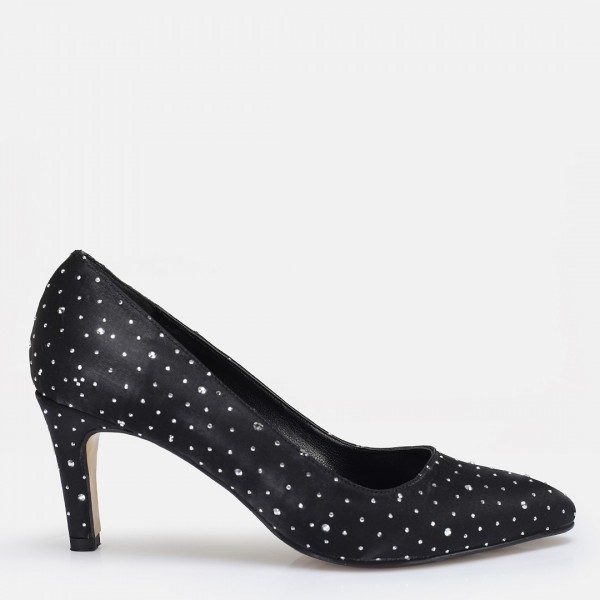 Stiletto Ayakkabı Siyah Saten Taşlı