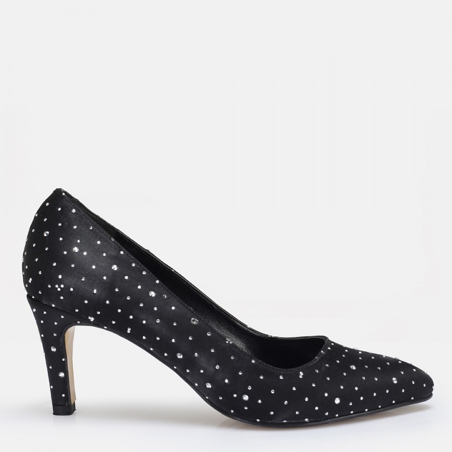 Stiletto Ayakkabı Siyah Saten Taşlı