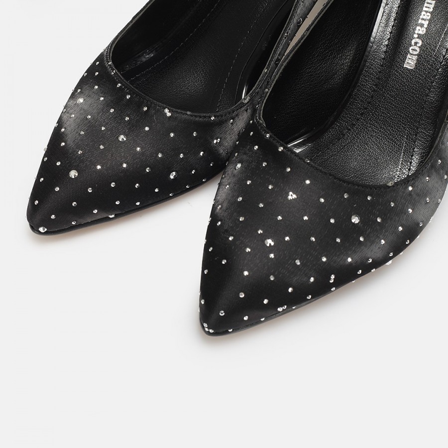 Stiletto Ayakkabı Siyah Saten Taşlı