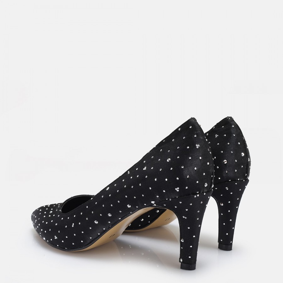 Stiletto Ayakkabı Siyah Saten Taşlı