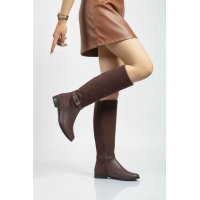 Düz Model Çizme Kahverengi Kemerli Tokalı