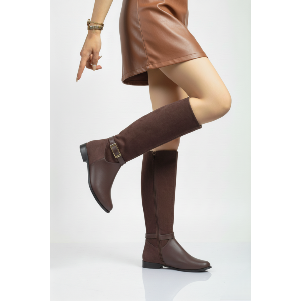 Düz Model Çizme Kahverengi Kemerli Tokalı