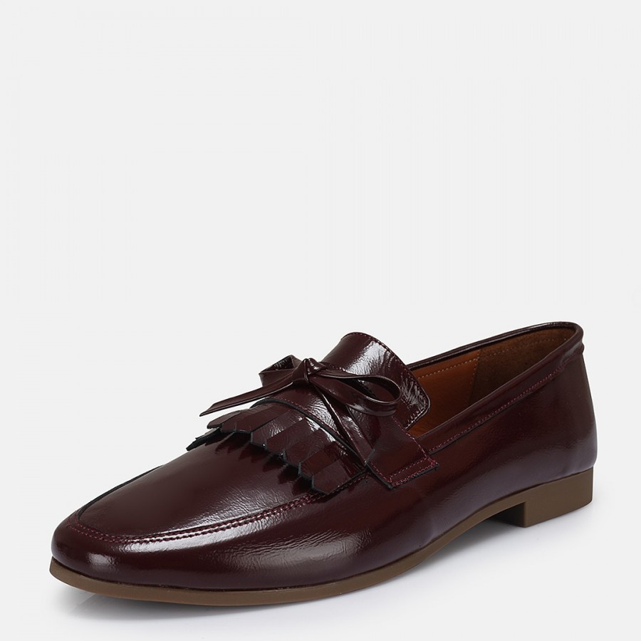 Loafer Ayakkabı Bordo Hakiki Deri Rugan Püsküllü