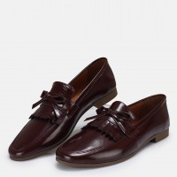 Loafer Ayakkabı Bordo Hakiki Deri Rugan Püsküllü