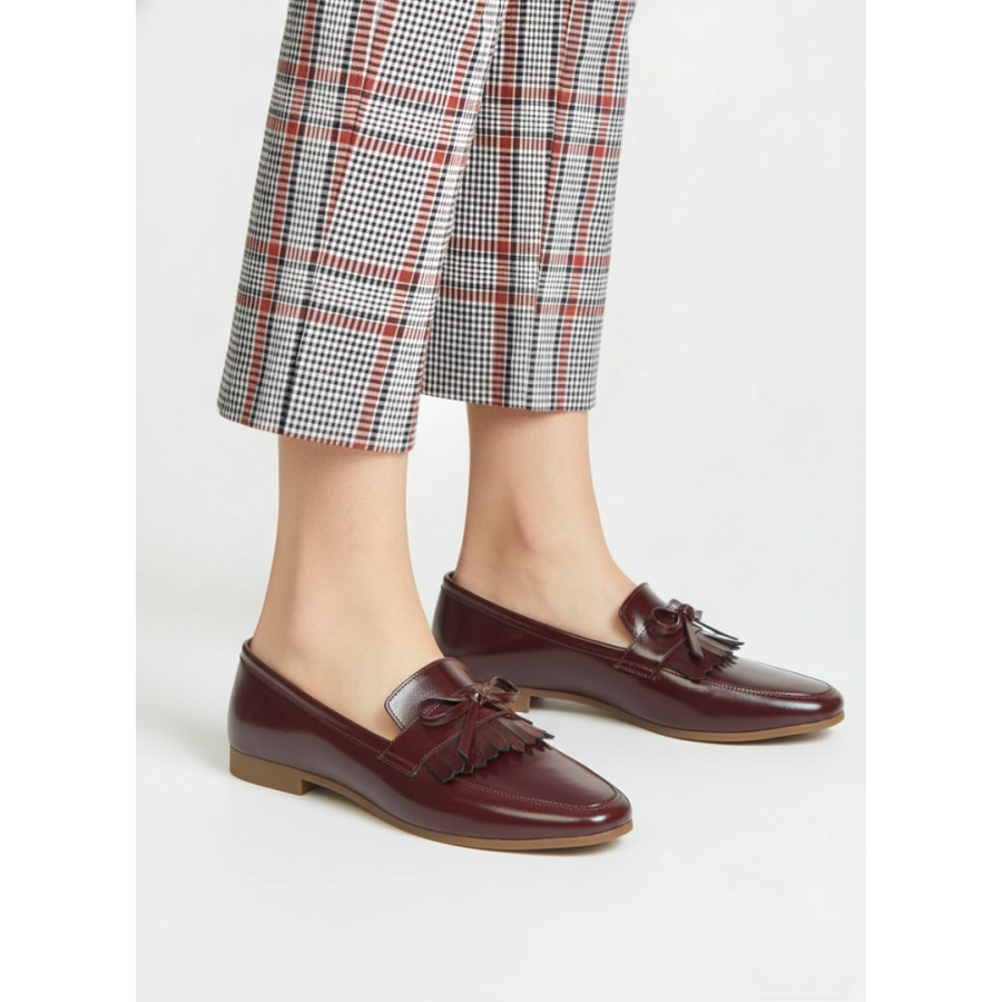 Loafer Ayakkabı Bordo Hakiki Deri Rugan Püsküllü