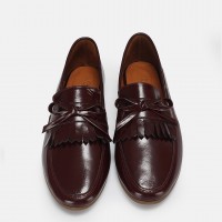 Loafer Ayakkabı Bordo Hakiki Deri Rugan Püsküllü