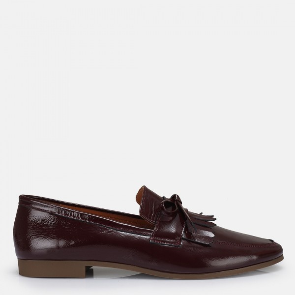 Loafer Ayakkabı Bordo Hakiki Deri Rugan Püsküllü