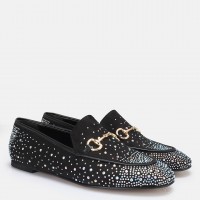 Loafer Ayakkabı Siyah Süet Gümüş Taşlı