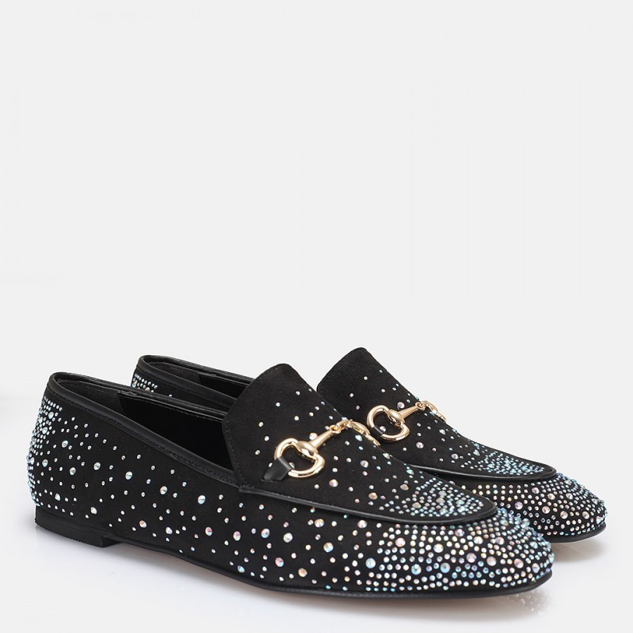 Loafer Ayakkabı Siyah Süet Gümüş Taşlı