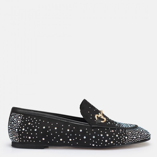 Loafer Ayakkabı Siyah Süet Gümüş Taşlı