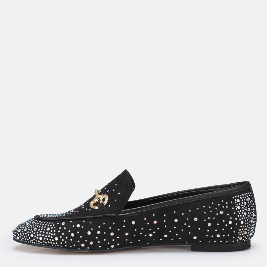 Loafer Ayakkabı Siyah Süet Gümüş Taşlı