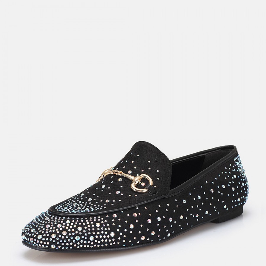 Loafer Ayakkabı Siyah Süet Gümüş Taşlı