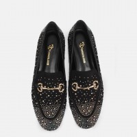 Loafer Ayakkabı Siyah Süet Gümüş Taşlı