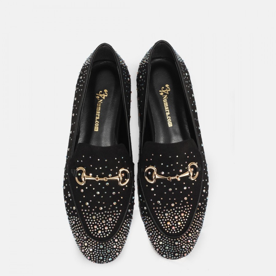 Loafer Ayakkabı Siyah Süet Gümüş Taşlı