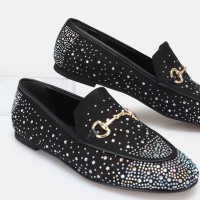 Loafer Ayakkabı Siyah Süet Gümüş Taşlı