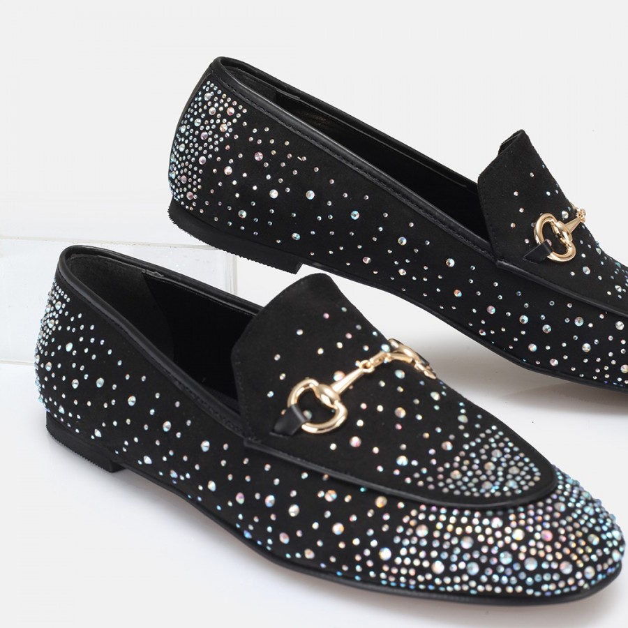 Loafer Ayakkabı Siyah Süet Gümüş Taşlı
