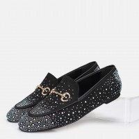 Loafer Ayakkabı Siyah Süet Gümüş Taşlı