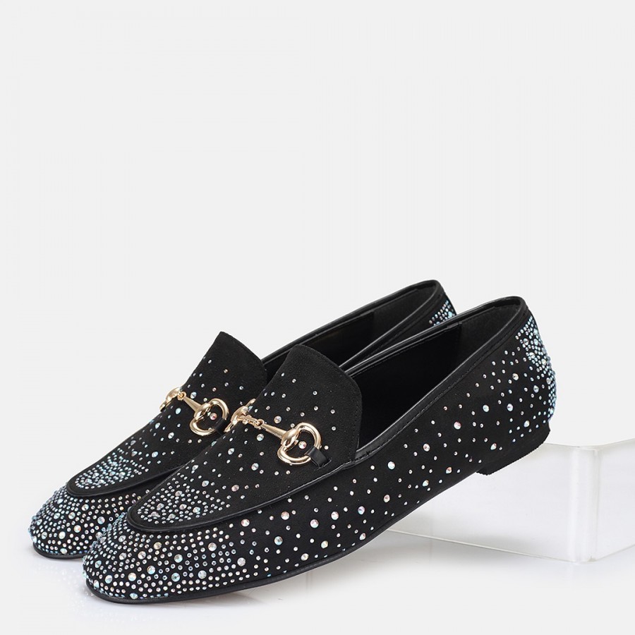 Loafer Ayakkabı Siyah Süet Gümüş Taşlı