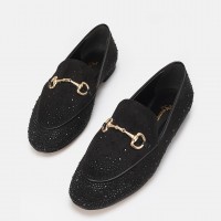 Loafer Ayakkabı Siyah Süet Taşlı