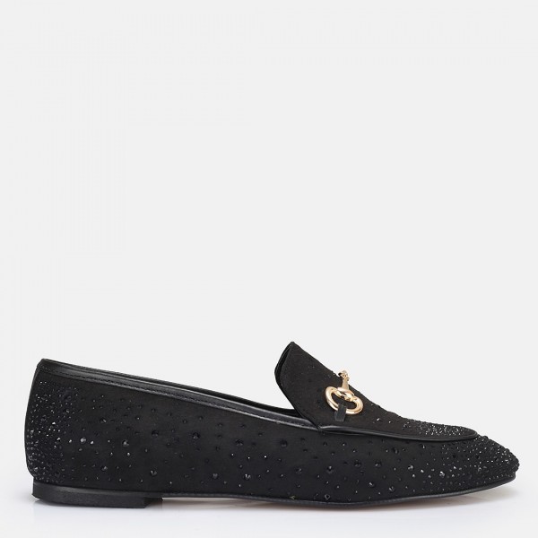Loafer Ayakkabı Siyah Süet Taşlı