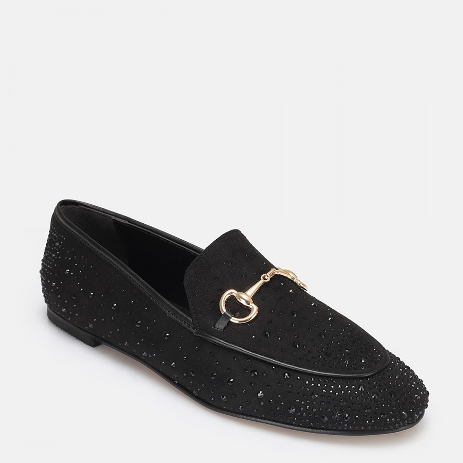 Loafer Ayakkabı Siyah Süet Taşlı
