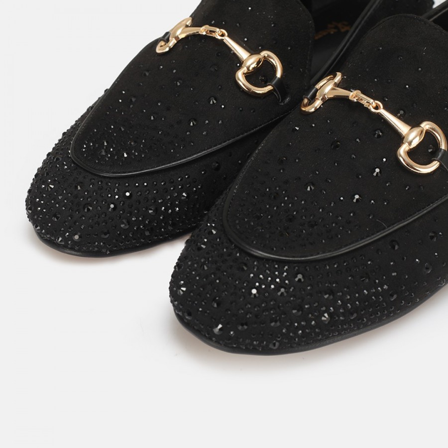 Loafer Ayakkabı Siyah Süet Taşlı