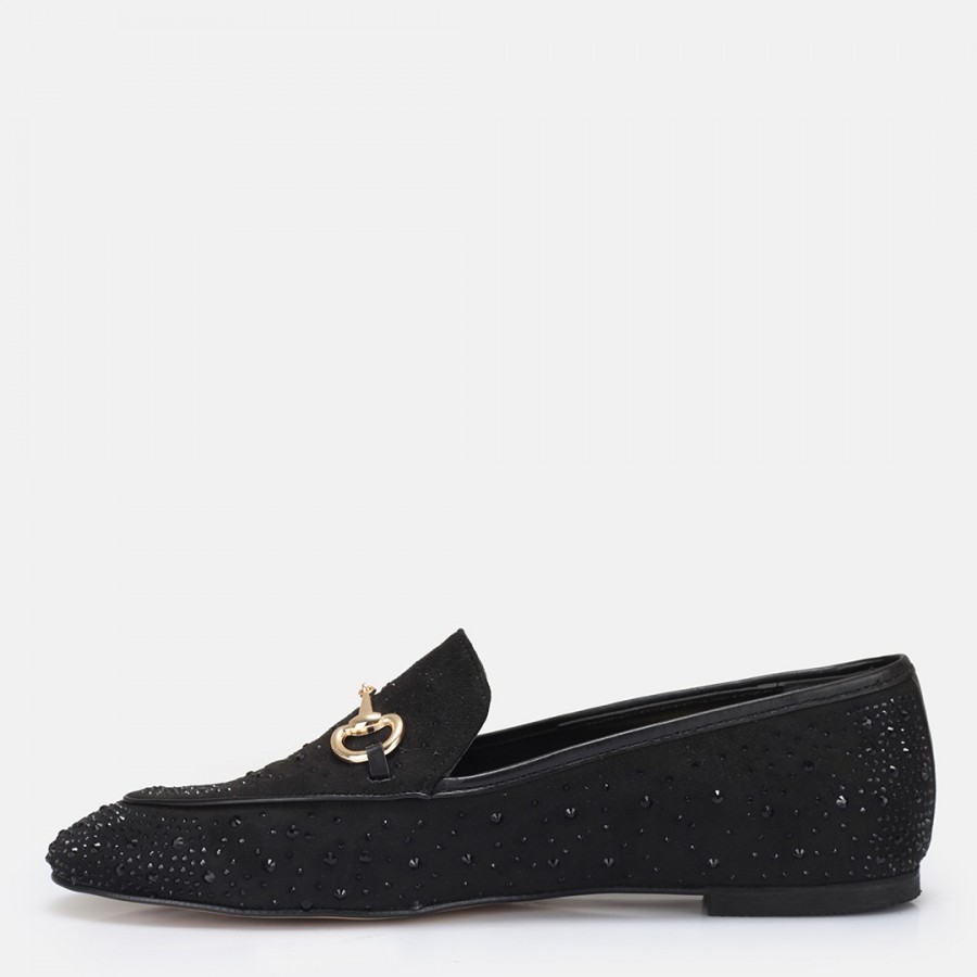 Loafer Ayakkabı Siyah Süet Taşlı