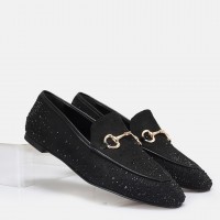 Loafer Ayakkabı Siyah Süet Taşlı