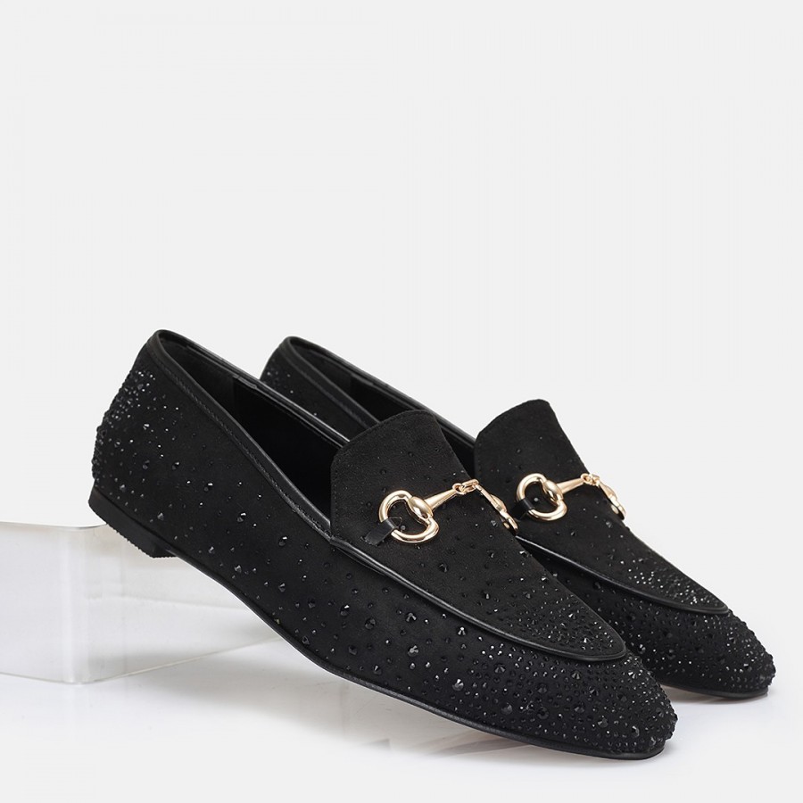 Loafer Ayakkabı Siyah Süet Taşlı