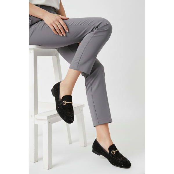 Loafer Ayakkabı Siyah Süet Taşlı