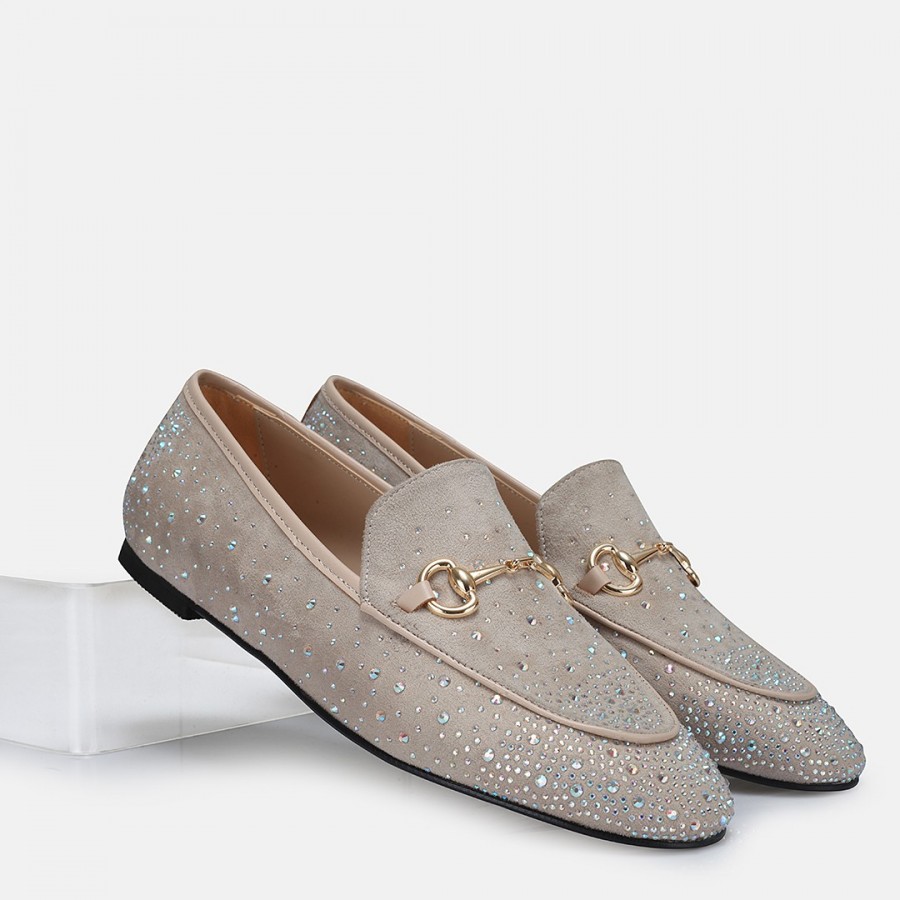 Loafer Ayakkabı Ten Süet Taşlı