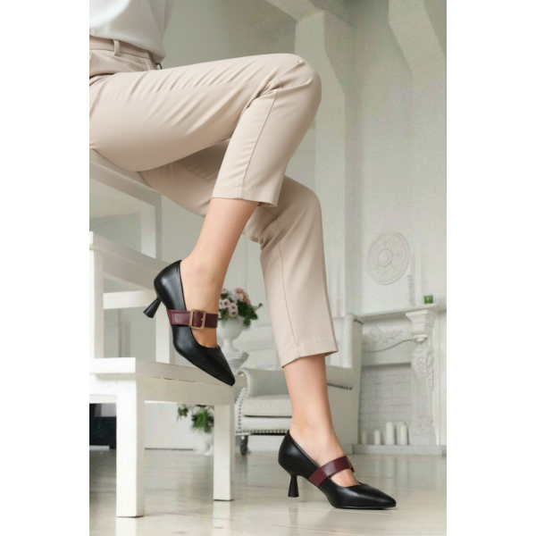 Stiletto Ayakkabı Siyah Hakiki Deri Bantlı