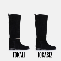Düz Çizme Siyah Hakiki Deri Süet Aksesuarlı
