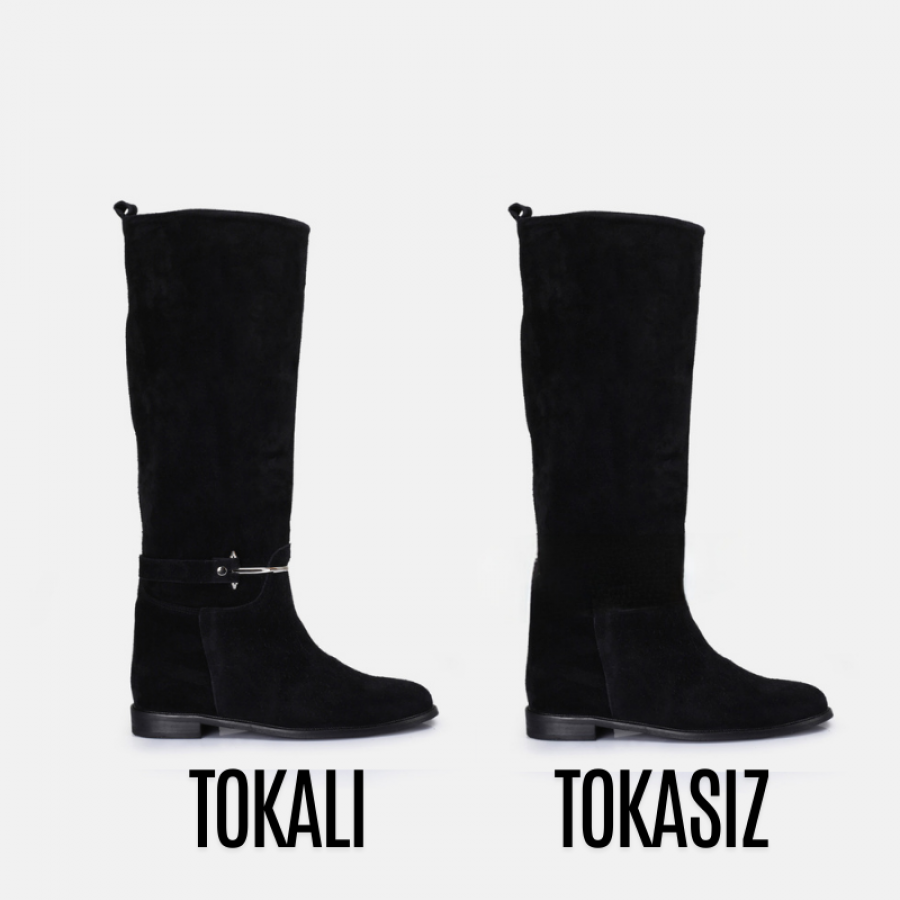 Düz Çizme Siyah Hakiki Deri Süet Aksesuarlı