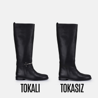 Düz Çizme Siyah Hakiki Deri Aksesuarlı