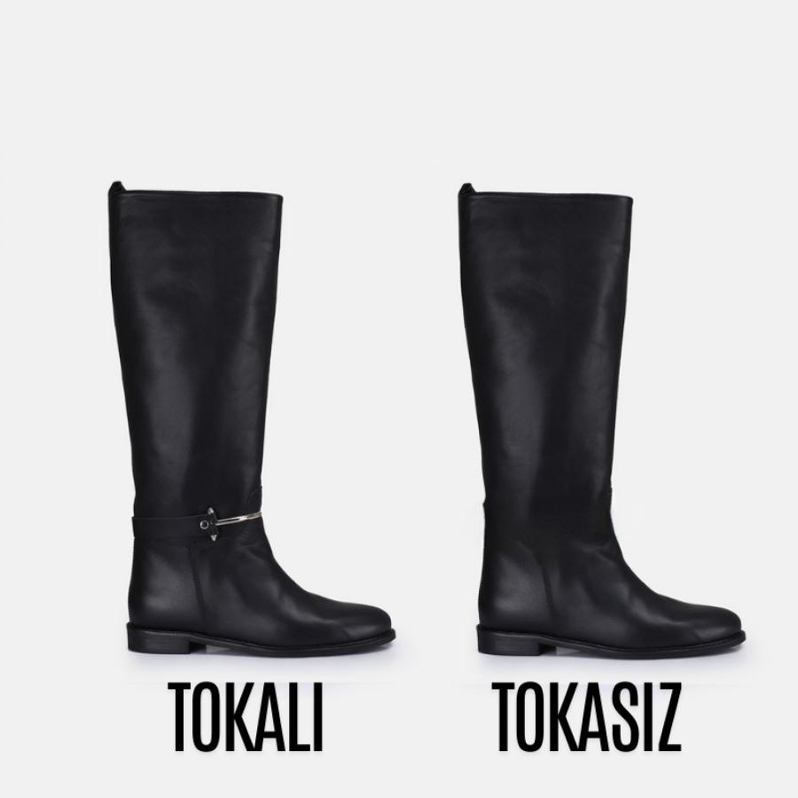 Düz Çizme Siyah Hakiki Deri Aksesuarlı