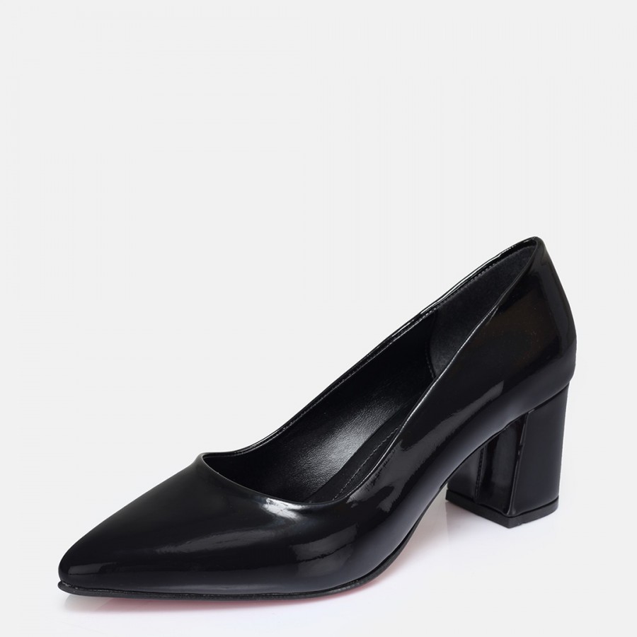 Stiletto Ayakkabı Siyah Rugan Kalın Topuklu