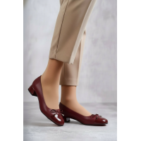 Bordo Az Topuklu Fiyonklu Ayakkabı