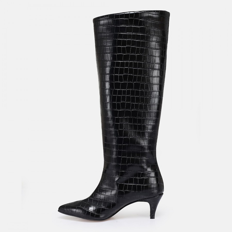 Topuklu Çizme Siyah Crocodile Desen