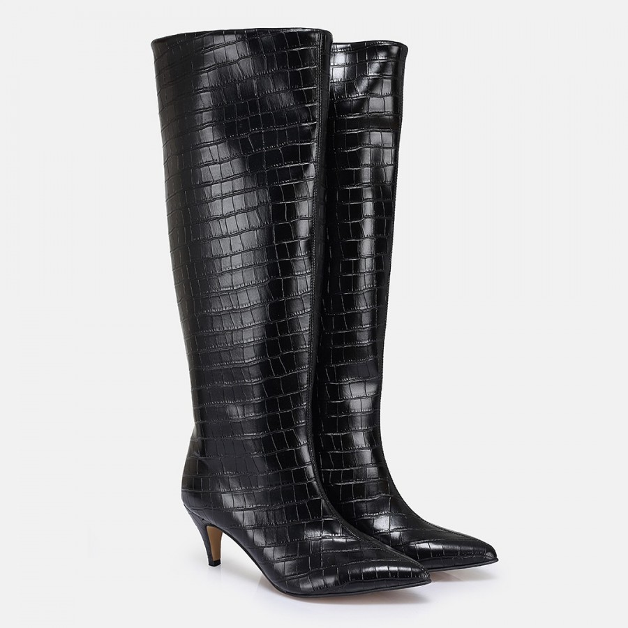 Topuklu Çizme Siyah Crocodile Desen