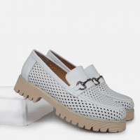 Loafer Ayakkabı Beyaz Hakiki Deri Zincir Toka