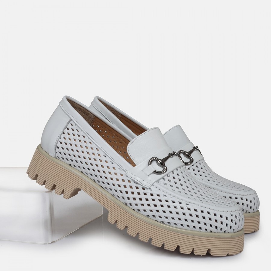 Loafer Ayakkabı Beyaz Hakiki Deri Zincir Toka